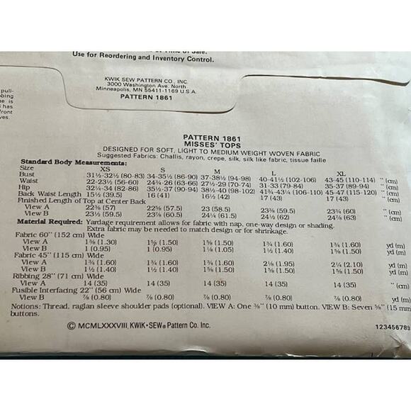 Kwik Sew pattern 1861 dolman top blouse 1980s Size xs s m L XL - Picture 5 of 5